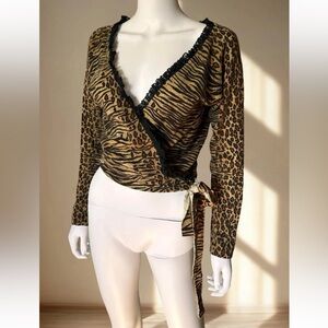 Blumarine Animal Print Leopard Tiger Wool Wrap Sweater